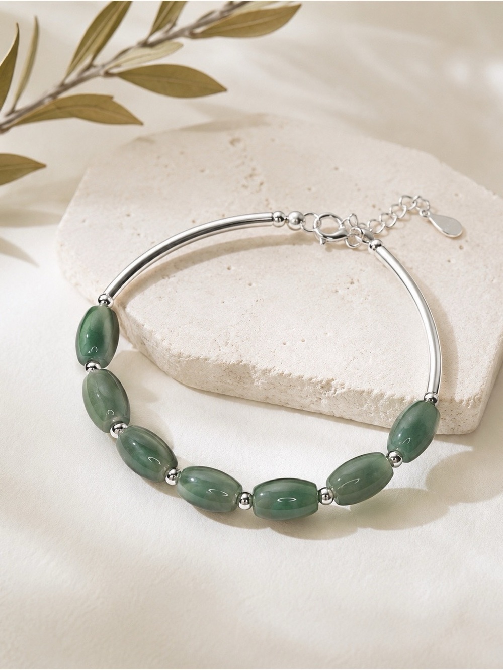 Green Jade & Sterling Silver Beaded Bracelet | Genuine Jade | 925 Sterling Silve